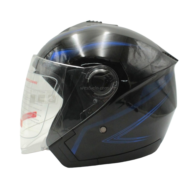Мото шолом, відкритий (XS 53-54) F2-707, чорно-синій, глянець, з відкидними окулярами фото westvelo.com