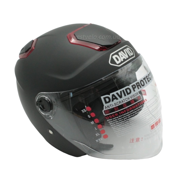 Мото шолом, відкритий (XL) "DAVID" D018, чорний матовий з червоними вставками фото westvelo.com