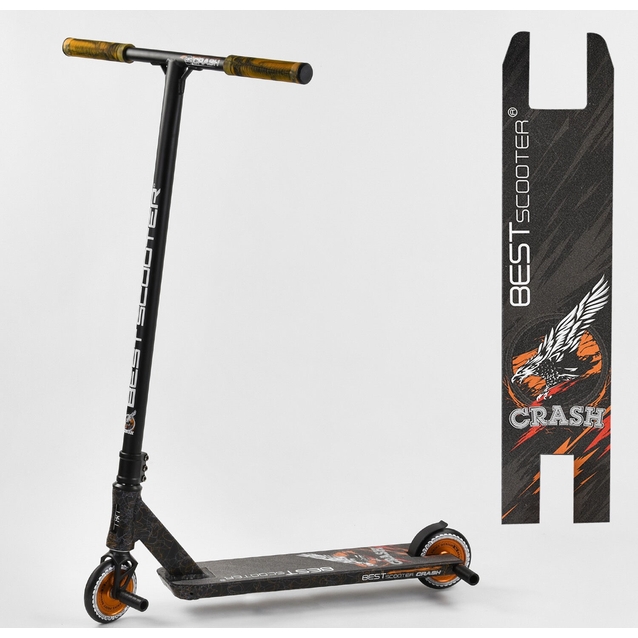 Самокат трюковий Best Scooter «CRASH» 65640 чорно-помаранчевий, HIC-система, пеги, AL диск та дека, колеса PU Ø110mm, ширина керма - 57 см фото westvelo.com