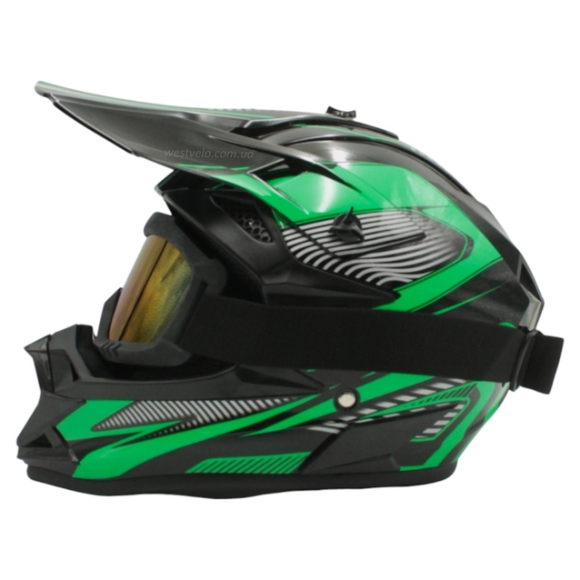 Шолом, закритий крос/ендуро (М) DOT/АТV EDX 025 чорно-зелений глянець з дашком + окуляри фото westvelo.com