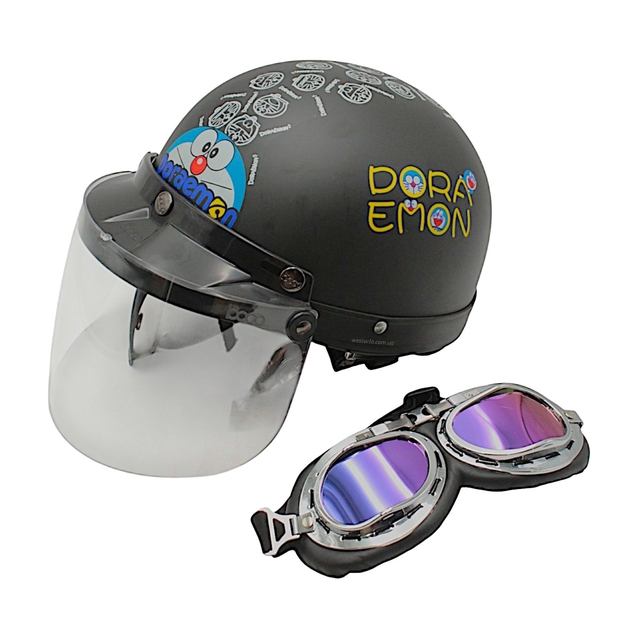 Мото шолом дитячий, відкритий Mototech Doraemon, чорний матовий з козирком + окуляри фото westvelo.com