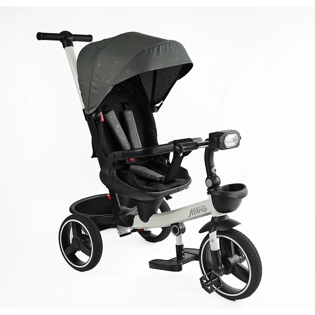 Дитячий велосипед 3-кол з батьківською ручкою, з даш, PU BestTrike «MARCO» 9155/603-85 біло-сірий (зірочки), поворотне сидіння, складне кермо, кошик, телескопічна ручка, фара музична фото westvelo.com