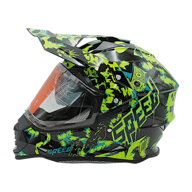 Шолом, закритий крос/ендуро (XL) АТV Forsage Rider 034 чорно-салатовий глянцевий з відкидними окулярами фото westvelo.com