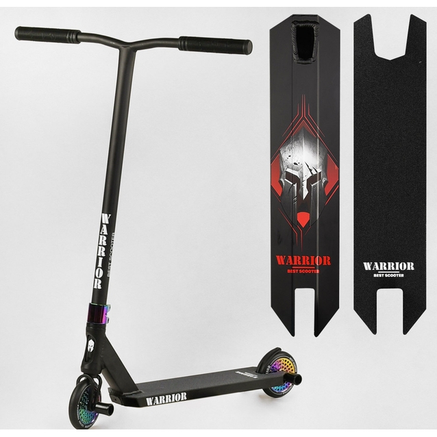 Самокат трюковий Best Scooter «WARRIOR» Т-60738 чорно-червоний, HIC-система, пеги, AL диск та дека, колеса PU Ø120mm, ширина керма - 58 см фото westvelo.com