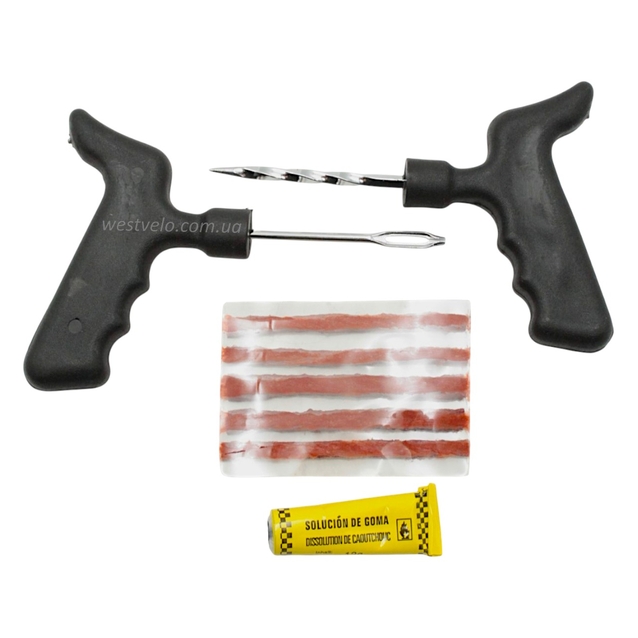 Набір інструментів для швидкого ремонту шин (інструмент, клей, 5 шнурів) фото westvelo.com