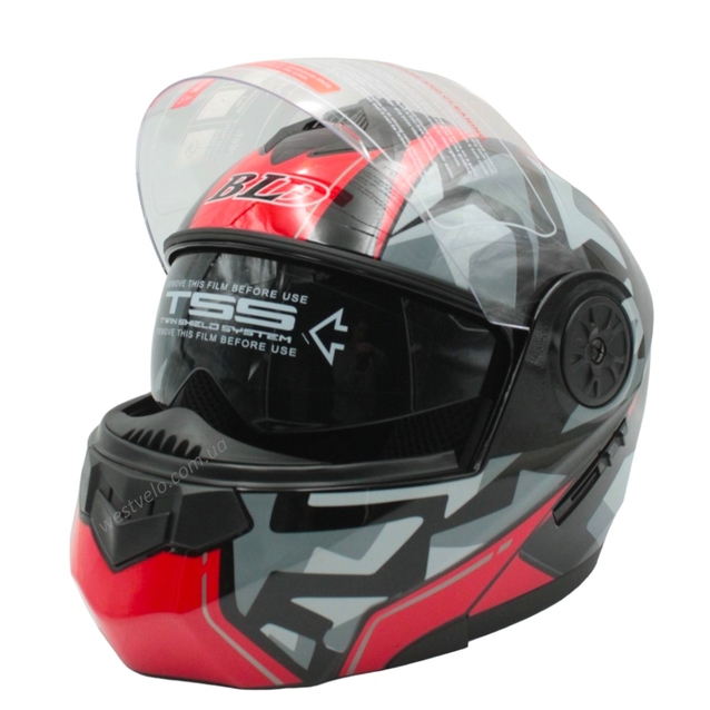 Мото шолом, трансформер (М 57-58) BLD-159 чорно-червоний глянець з відкидними окулярами фото westvelo.com