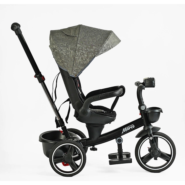Дитячий велосипед 3-кол з батьківською ручкою, з даш, PU BestTrike «MARCO» 9155/318-82 чорно-сірий, поворотне сидіння, складне кермо, кошик, телескопічна ручка, фара музична фото westvelo.com