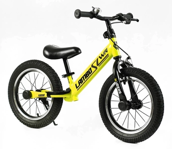 Велобіг 14 Corso надувні колеса, сталева рама «LAMBO» LB-14704 жовтий, ручне гальмо, алюмінієві обода, підставка для ніг, підніжка, дзвоник