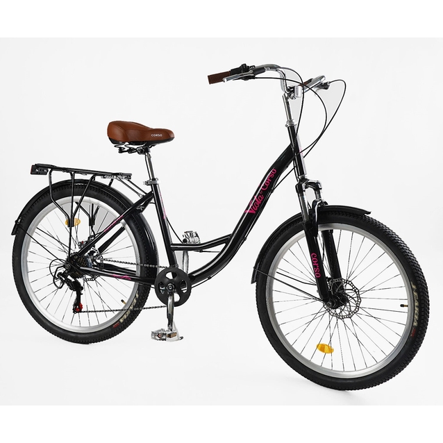 Міський велосипед 26 ST Corso «VIOLA» VL-26633 сталь 17", (к-т SHIMANO) чорно-рожевий фото westvelo.com