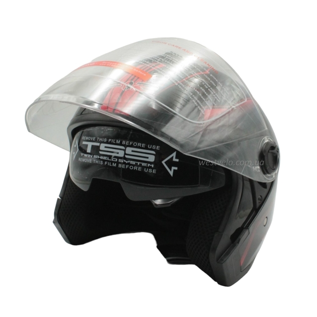 Мото шолом, відкритий (XS 53-54) F2-707, чорно-червоний, глянець, з відкідними окулярами фото westvelo.com