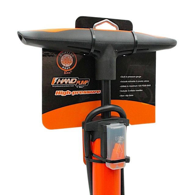 Насос авто з манометром BEE pump (ZF-030) сталевий помаранчевий, 2-ний наконечник (AV/FV) фото westvelo.com
