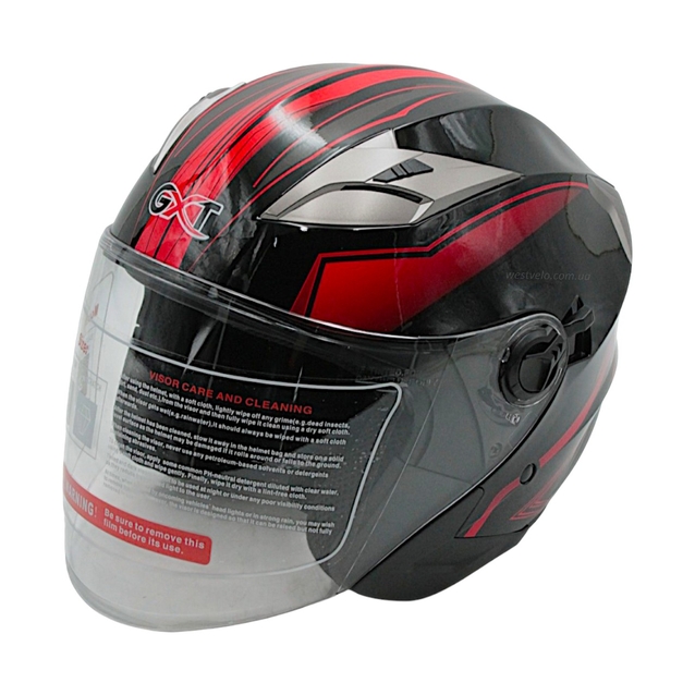 Мото шолом, відкритий (L 59-60) GXT "1001-5", чорний матовий з червоними вставками з відкидними окулярами фото westvelo.com