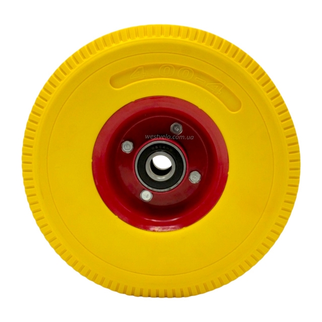Колесо тачки жовте "4" 4.00-4 під вісь Ø20, пінополіуретанове. (Тип 2) фото westvelo.com