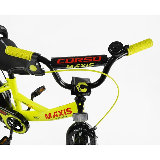 Дитячий велосипед 14 ST Corso «MAXIS» CL-14663 жовтий, ручне гальмо, дзвіночок, сидіння з ручкою, додаткові колеса фото westvelo.com