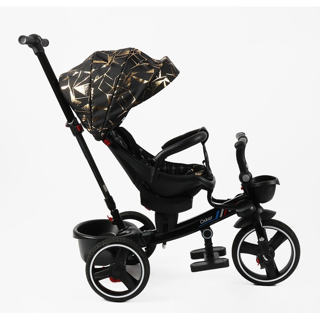 Дитячий велосипед 3-кол з батьківською ручкою, з даш, PU BestTrike «OSCAR» 6390/16-098 чорно-золотий, поворотне сидіння, складне кермо, кошик, телескопічна ручка фото westvelo.com