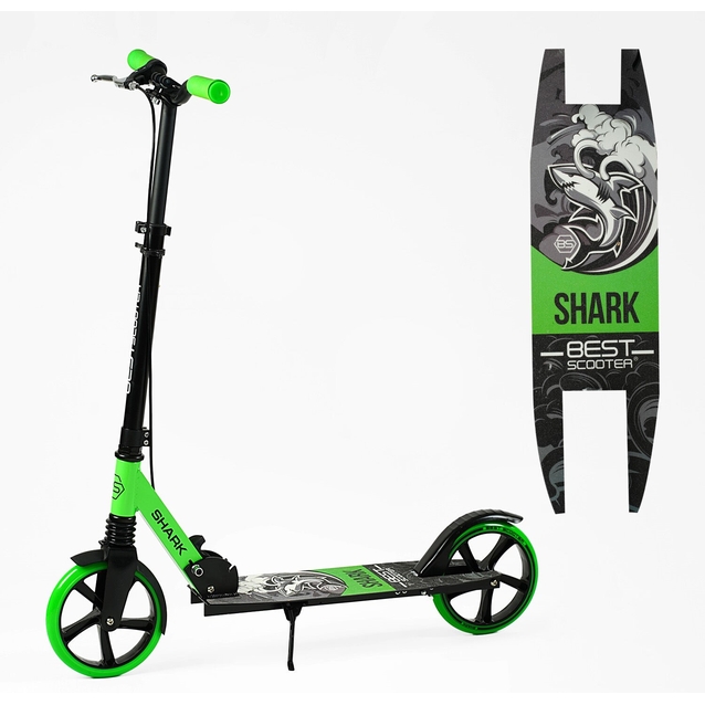 Самокат дитячий 2-х колісний, PU Best Scooter «SHARK» SH-50730 чорно-салатовий, Ø200mm, з ручним гальмом, затискач керма, 1 амортизатор фото westvelo.com