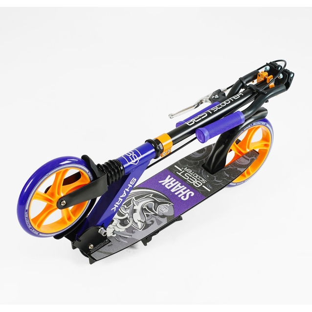 Самокат дитячий 2-х колісний, PU Best Scooter «SHARK» SH-10042 синьо-помаранчевий, Ø200mm, з ручним гальмом, затискач керма, 1 амортизатор фото westvelo.com