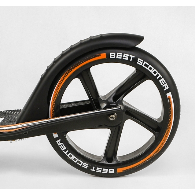 Самокат дитячий 2-х колісний, PU Best Scooter 79740 чорно-помаранчевий, колеса Ø230-200mm, AL, 1 амортизатор передній, ФАРА, затискач керма фото westvelo.com