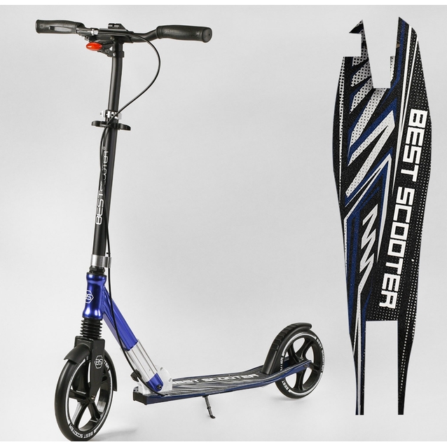 Самокат дитячий 2-х колісний, PU Best Scooter 49804 чорно-синій, колеса Ø230-200mm, AL, 1 амортизатор передній, ФАРА, затискач керма фото westvelo.com