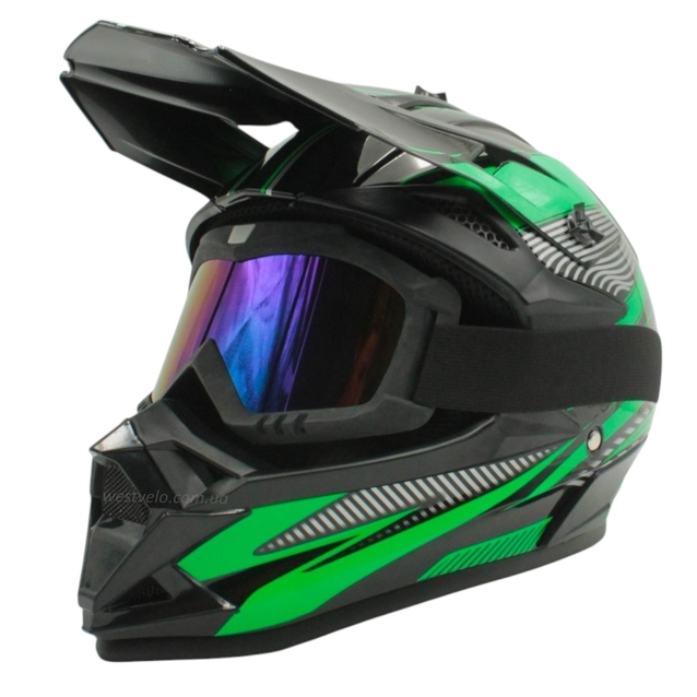 Шолом, закритий крос/ендуро (S) DOT/АТV EDX 025 чорно-зелений глянець з дашком + окуляри фото westvelo.com