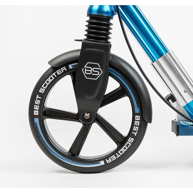 Самокат дитячий 2-х колісний, PU Best Scooter 23013 чорно-блакитний, колеса Ø230-200mm, AL, 1 амортизатор передній, ФАРА, затискач керма фото westvelo.com