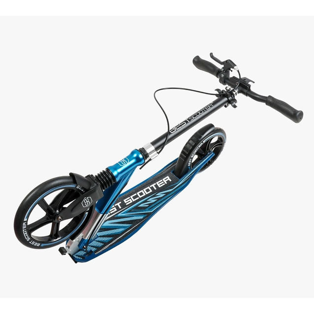 Самокат дитячий 2-х колісний, PU Best Scooter 23013 чорно-блакитний, колеса Ø230-200mm, AL, 1 амортизатор передній, ФАРА, затискач керма фото westvelo.com