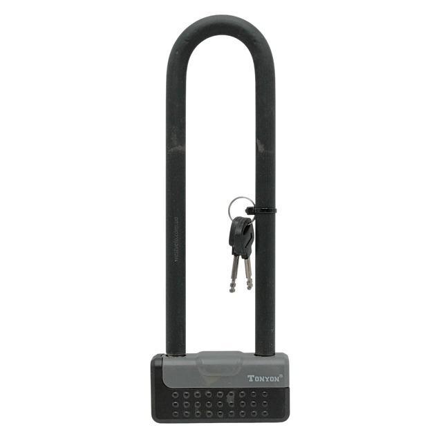 Замок на ключ скоба, сталева, TONYON  TY339D 100x290 (50х230)мм, товщина скоби 13мм, чорно-сірий фото westvelo.com