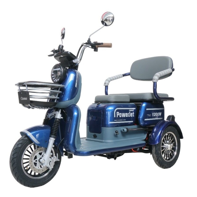 Трицикл Corso «POWER JET» JT-933014, двигун 1200W, акумулятор 72V 28Ah графеновий, синій + 1 ящик. акум, колеса 10" фото westvelo.com