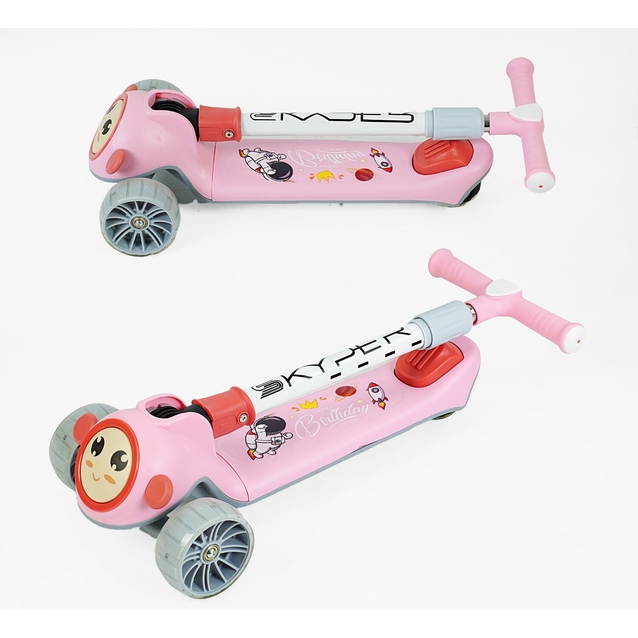 Самокат дитячий 3-х колісний, Skyper JW-62180 рожевий, зі світлом, українське озвучування, складне кермо, музика та підсвічування платформи фото westvelo.com