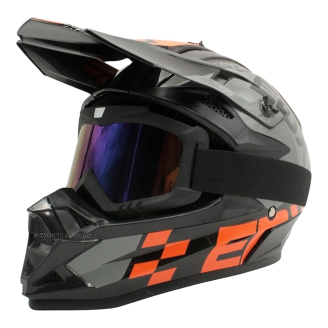 Шолом, закритий крос/ендуро (L) АТV EDX 022 чорно-сіро-помаранчевий глянець з дашком + окуляри фото westvelo.com