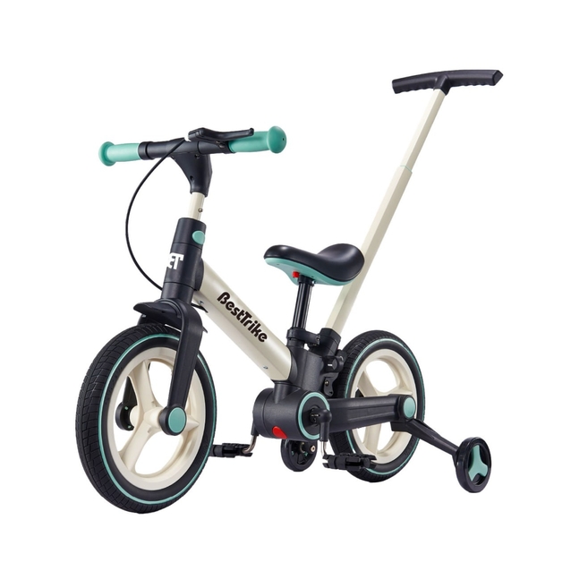 Велобіг-трансформер, 2-кол з батьківською ручкою, PU 12 BestTrike BT-61514, біло-бірюзовий, складний, з’ємні педалі, ручне гальмо, допоміжні бокові колеса