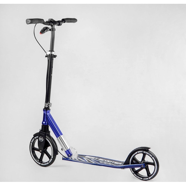 Самокат дитячий 2-х колісний, PU Best Scooter 49804 чорно-синій, колеса Ø230-200mm, AL, 1 амортизатор передній, ФАРА, затискач керма фото westvelo.com