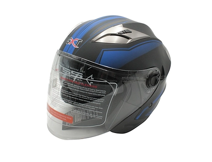 Мото шолом, відкритий (M) GXT "1001-1", чорний матовий з синіми вставками з відкидними окулярами