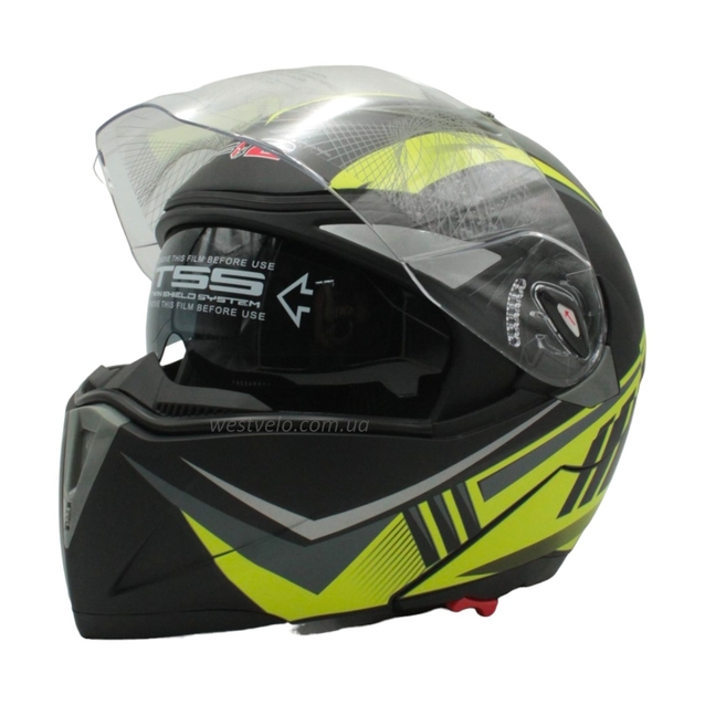 Мото шолом, трансформер (S 55-56) F2 158 Neon yellow, чорний, матовий з відкидними окулярами фото westvelo.com