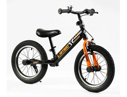 Велобіг 14 Corso надувні колеса, сталева рама «LAMBO» LB-14084 чорно-помаранчевий, ручне гальмо, алюмінієві обода, підставка для ніг, підніжка, дзвоник