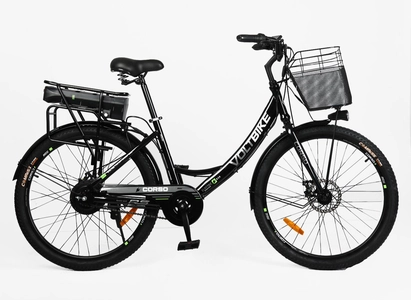 Електровелосипед 26 ST Corso «VOLT BIKE» ТВ-74524 сталь, двигун 500W, акумулятор 36V13Ah літієвий, чорно-зелений + кошик