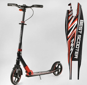 Самокат дитячий 2-х колісний, PU Best Scooter 10304 чорно-червоний, колеса Ø230-200mm, AL, 1 амортизатор передній, ФАРА, затискач керма