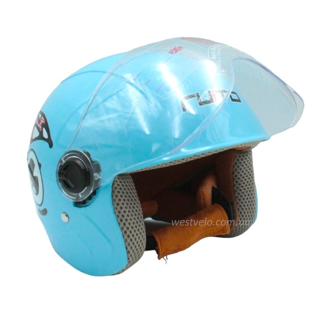 Мото шолом дитячий, відкритий RUITO Т68, блакитний з червоно-біло-чорним малюнком, фото westvelo.com