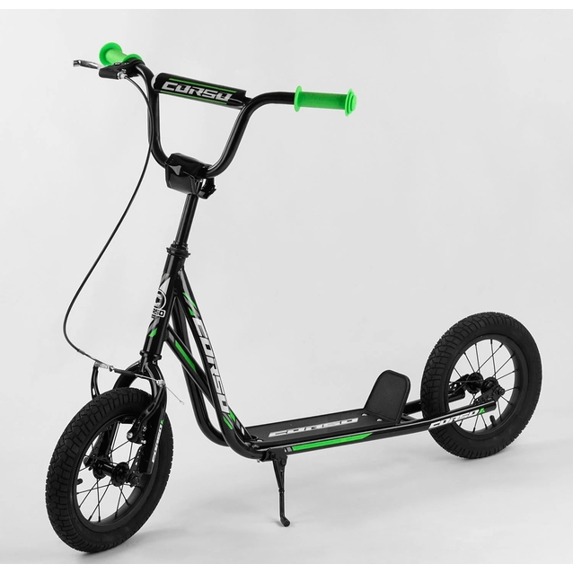 Самокат дитячий 2-х колісний, надувні колеса 12 Corso JT 01019 чорно-салатовий, ручне переднє гальмо фото westvelo.com