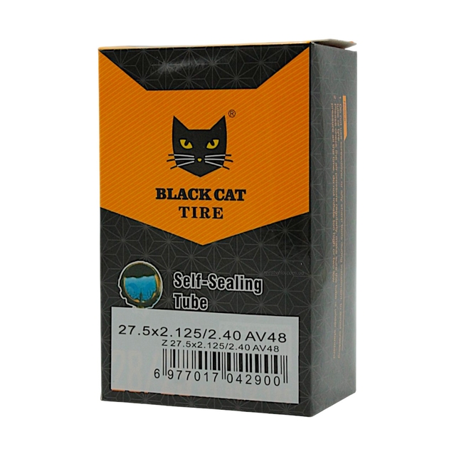 Камера 27.5. довгий ніпель AV 48mm BLACK CAT (2.125-2.40) самоклеюча (з антипрокольним гелем) фото westvelo.com