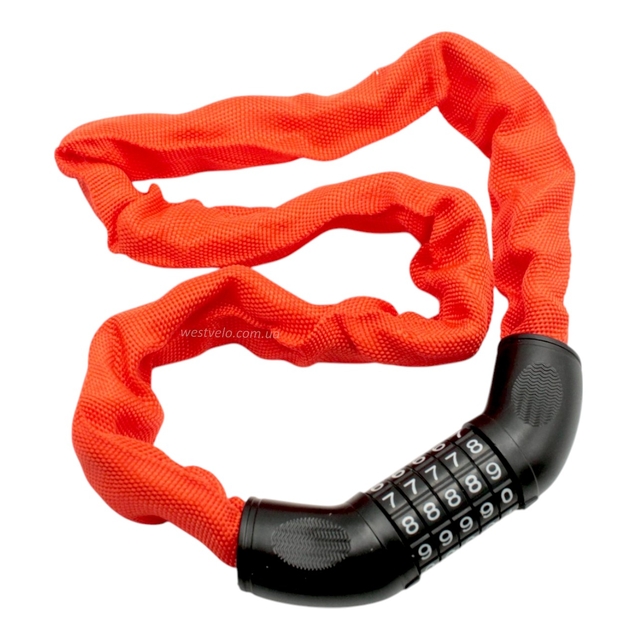 Замок на код змінний 5 цифр, ланц в чохлі 1000мм. MASJIE 162, помаранчевий фото westvelo.com