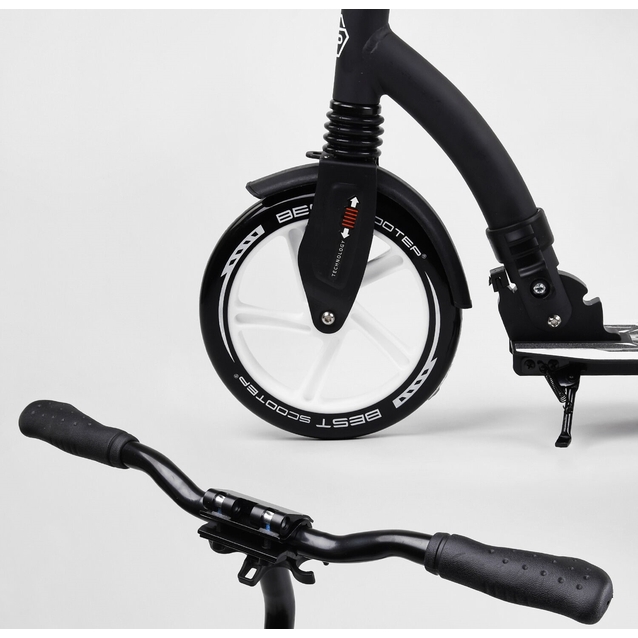 Самокат дитячий 2-х колісний, PU Best Scooter 75343 чорно-білий, колеса Ø230-200mm, AL, 1 амортизатор, широкий руль, зажим руля фото westvelo.com