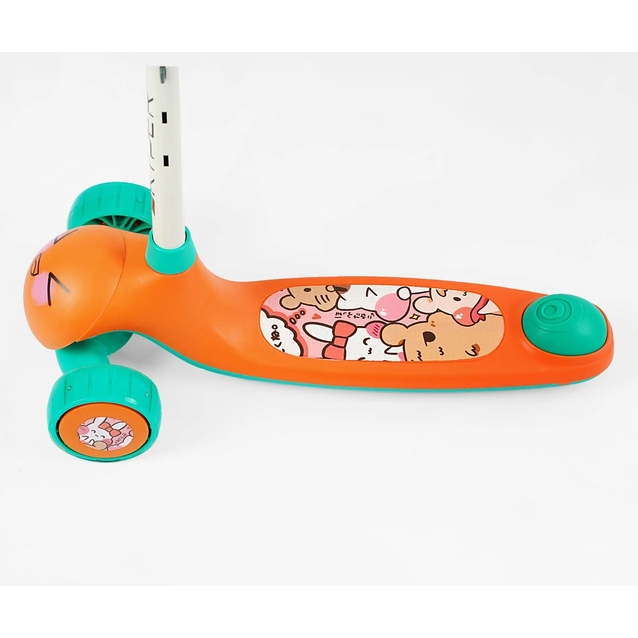 Самокат дитячий 3-х колісний, Skyper LH-12705 помаранчево-зелений, колеса PU Ø112mm зі світлом, музика та підсвічування платформи, кермо з`ємне фото westvelo.com