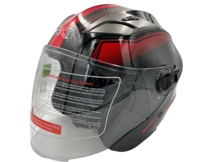 Мото шолом, відкритий (L) GXT "1001-1", чорний глянцевий з червоними вставками, з відкидними окулярами