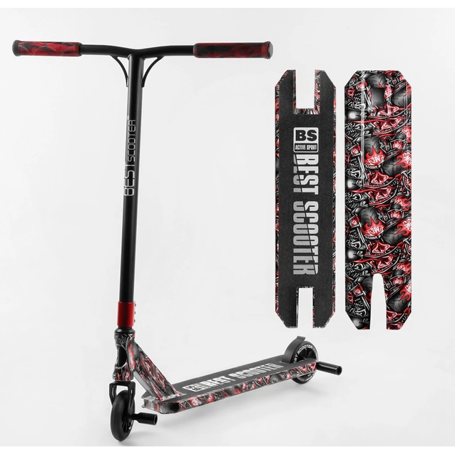 Самокат трюковий Best Scooter «SKULLS» BS-77488 чорно-червоний, HIC-система, пеги, AL диск та дека, колеса PU Ø110mm, ширина керма - 60 см фото westvelo.com