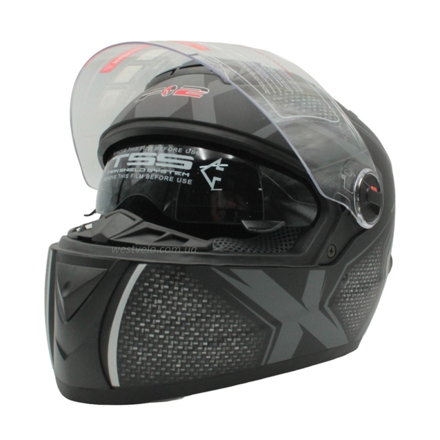 Мото шолом, закритий (S 55-56) F2 М61 чорно-сірий, матовий з відкидними окулярами фото westvelo.com