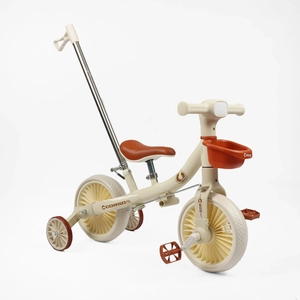 Велобіг-трансформер, 2-кол з батьківською ручкою, EVA 10 CORSO C-40339 бежево-коричневий, допоміжні бокові колеса, знімні педалі, фара зі світлом