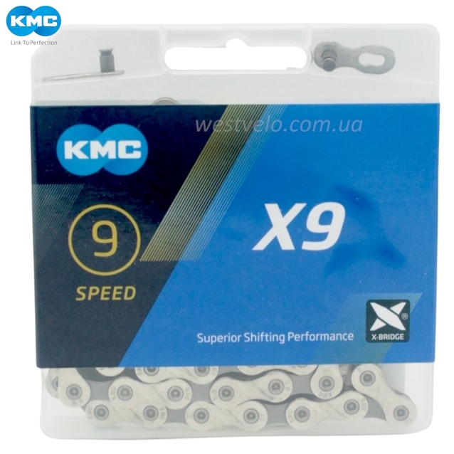 Ланцюг спорт 9 передач KMC X9 нікель-сірий, (1/2Х11/128Х116L) пластик + замок фото westvelo.com