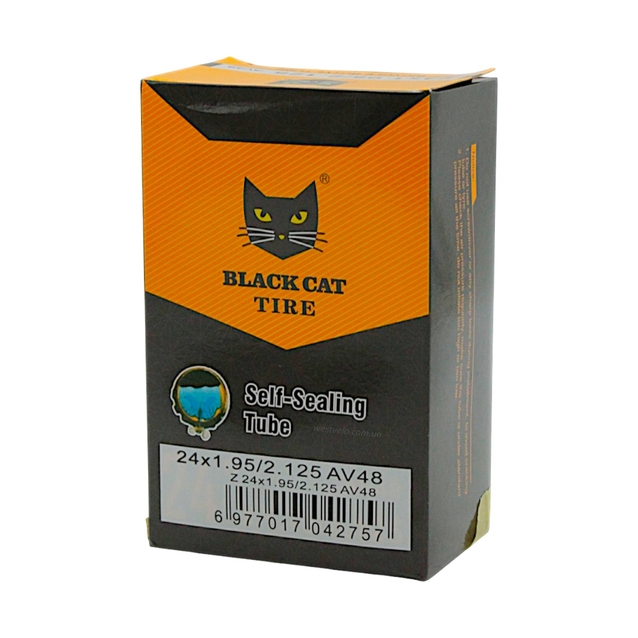 Камера 24. довгий ніпель AV 48mm BLACK CAT (1.95-2.125) самоклеюча (з антипрокольним гелем) фото westvelo.com