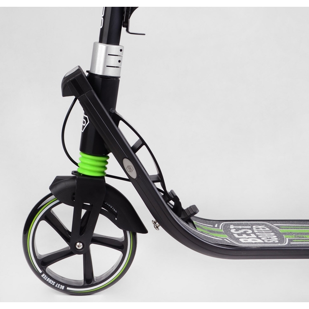 Самокат дитячий 2-х колісний, PU Best Scooter  L-22066 чорно-салатовий, Ø200mm, ФАРА, 2 амортизатори, затискач керма, ручне гальмо